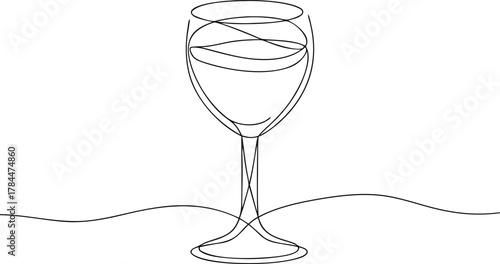 Single line drawing of a wine glass with liquid continuous line