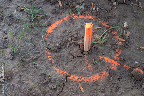 Wooden survey stake with orange spray paint marking on soil at construction site.
