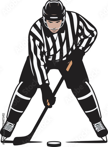 Hockey referee in uniform ready for faceoff between two teams on ice rink sport