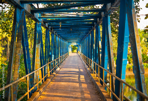 Blue metal Sadolxem bridge surrounded by tropical greenery at golden sunset in South Goa, India