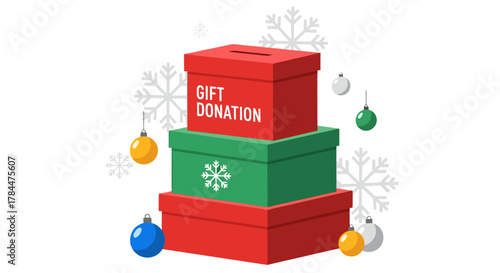 Gift donation boxes stacked, showcasing generosity and community support. Donation boxes, in festive red and green, evoke holiday spirit, perfect for Christmas charitable campaigns.