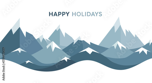 Stylized geometric mountain range with snow caps and the words happy holidays in a clean minimalist design