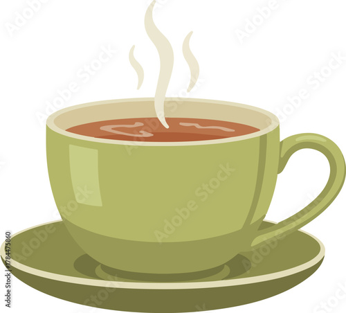 Green teacup vector with steam rising from hot beverage on a saucer for warm drink concepts