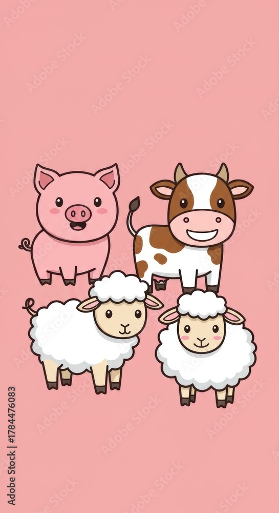 Obraz premium Adorable Farm Animals Cartoon Illustration on Pink Background.