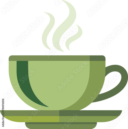 Green vector cup with rising steam on a matching saucer representing a comforting hot beverage