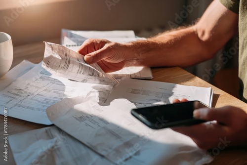 Man holding a bill and using a smartphone at a home desk to budget, pay bills and manage household finances with paperwork and calculator