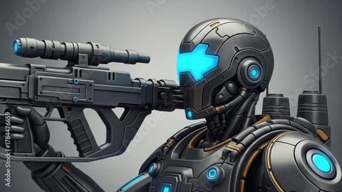 Futuristic Soldier Illustration in Metallic Armor Holding a Weapon Concept