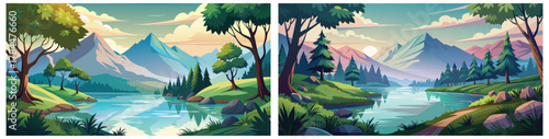 Scenic mountain lake landscape vector art background for design and creative projects use now free

