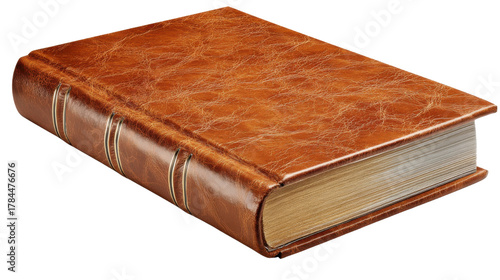 Antique thick brown leather book with textured cover symbol of knowledge literature history and vintage education concept on white background