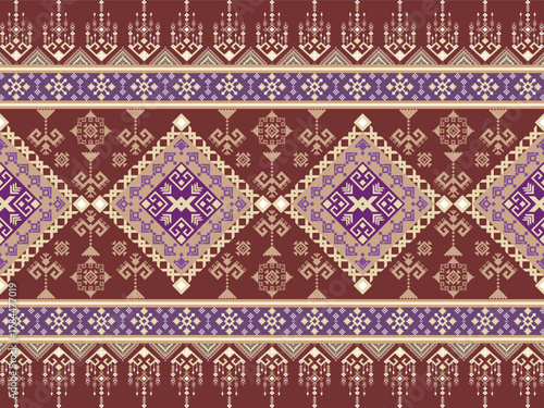 Seamless geometric fabric patterns from Southeast Asian ethnic groups, using traditional embroidery and weaving techniques. Textiles, wallpaper, clothing, blankets, fashion fabrics.