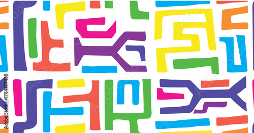 Abstract  geometric doodle, rainbow  seamless pattern. Infinite background, colorful. Repetitive printing, modern texture design with geometric scribbles. Flat vector illustration