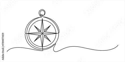 Continuous line drawing of a compass rose, a symbol of navigation, travel, adventure, direction, and guidance. modern minimalist graphic.