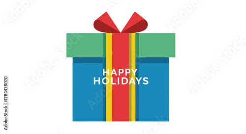 Flat design illustration of a blue gift box with green lid and red and yellow ribbon and bow with happy holidays text