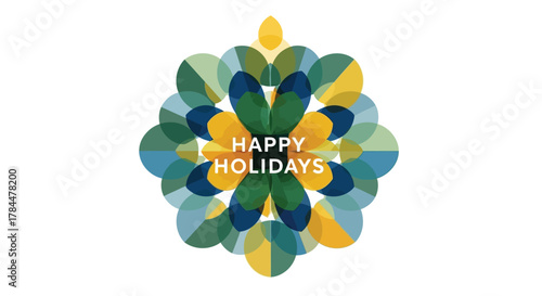 Modern abstract floral design with happy holidays text in white overlay on a white background