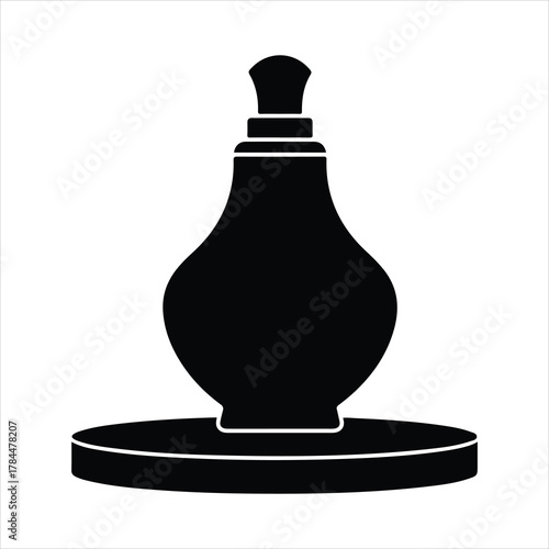 Stylized black silhouette of a perfume bottle with stopper on a round base icon