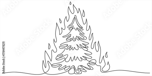 Continuous line art of a tree on fire, depicting a severe wildfire, environmental destruction, global warming, and ecological crisis.