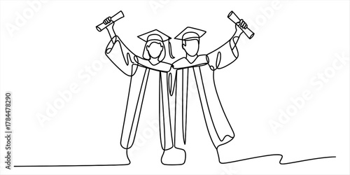 Continuous line drawing of two happy university graduates in academic dress with diplomas celebrating their educational success and achievement