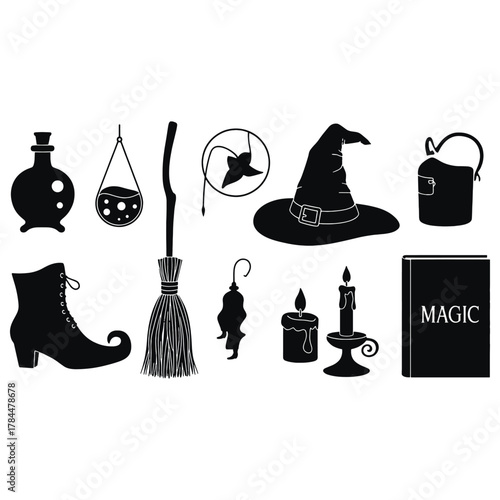 Black silhouette collection of witchy objects including a hat broom potion bottle and book witch hat
