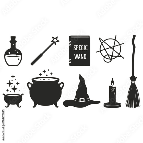 Black silhouette icons of witchcraft and magic objects on white background spell potion