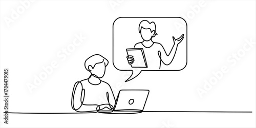 Continuous line art of a person using a laptop for a video call, with a speaker in a speech bubble, representing remote work today.