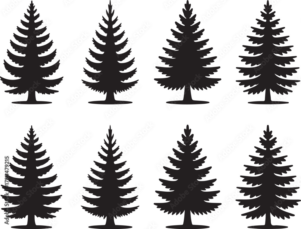 Obraz premium Black Christmas Tree Silhouette Set, Festive Holiday Pine Tree Vector Icons