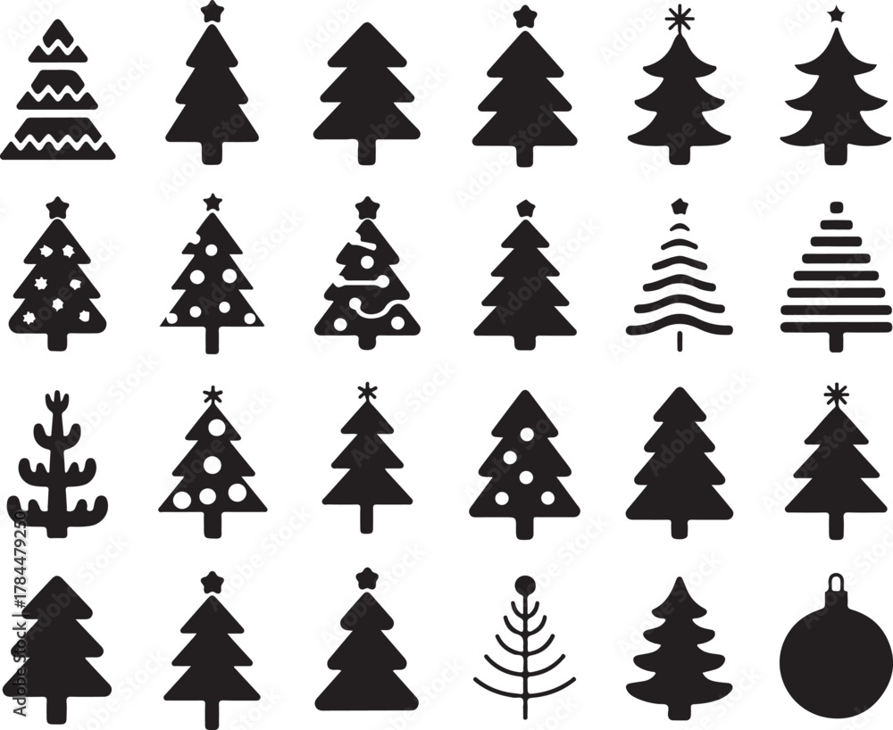 Obraz premium Black Christmas Tree Silhouette Set, Festive Holiday Pine Tree Vector Icons