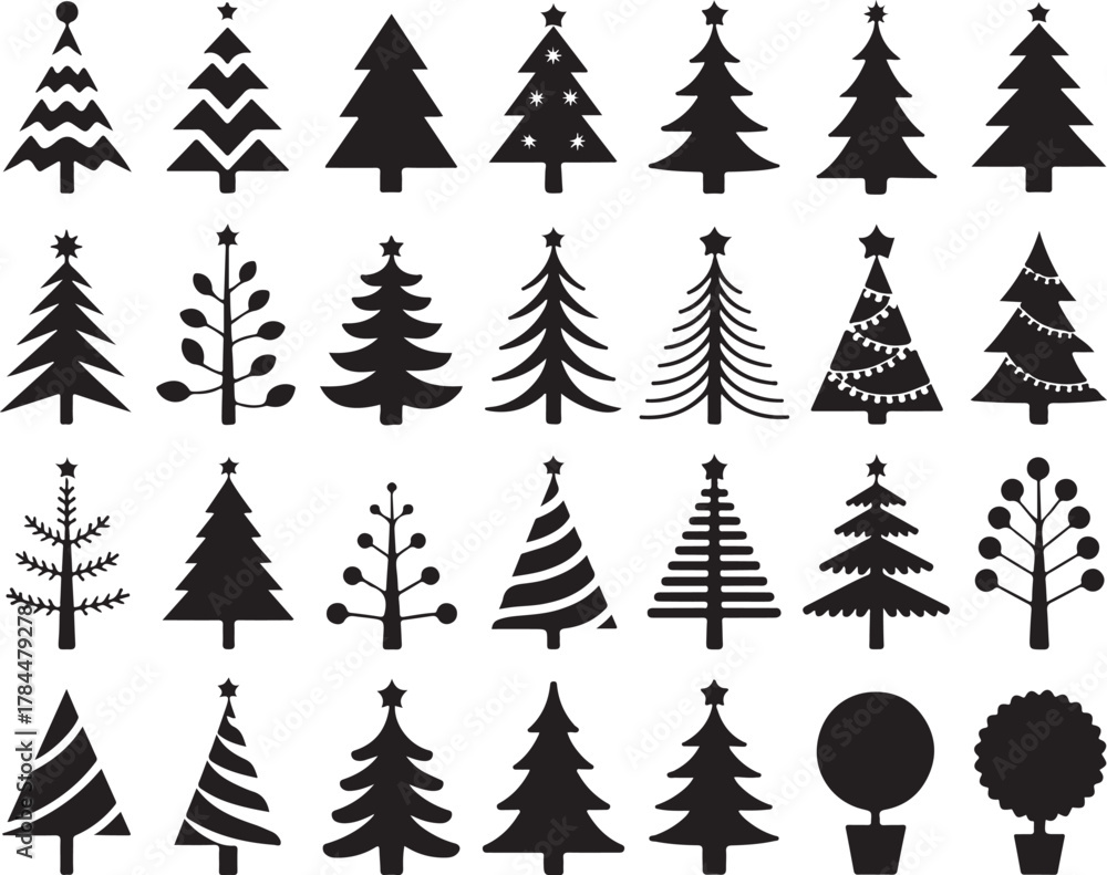 Obraz premium Black Christmas Tree Silhouette Set, Festive Holiday Pine Tree Vector Icons