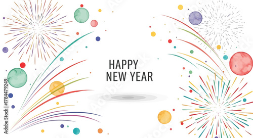 Colorful abstract fireworks and round shapes celebrating happy new year on a white background with copy space