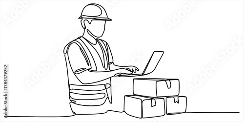 Continuous line drawing of a logistics worker in hard hat, vest, using laptop with delivery boxes, modern supply chain, digital management.