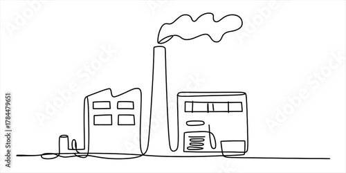 Continuous line drawing of an industrial factory building with a smoking chimney, illustrating manufacturing, air pollution, and environmental impact.