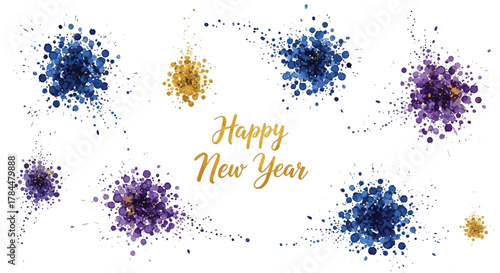Elegant happy new year greeting with vibrant watercolor ink splatters and confetti in shades of blue purple and gold