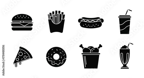 Black and white icons depicting various fast food and dessert items