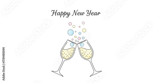 Happy new year celebration with champagne glasses clinking and colorful bubbles rising against a white background