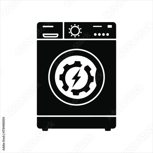 Washing machine repair service icon with gear and lightning bolt symbol