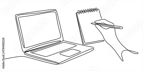 Continuous line drawing depicting a hand writing notes on a spiral notebook adjacent to an open laptop, representing modern work.