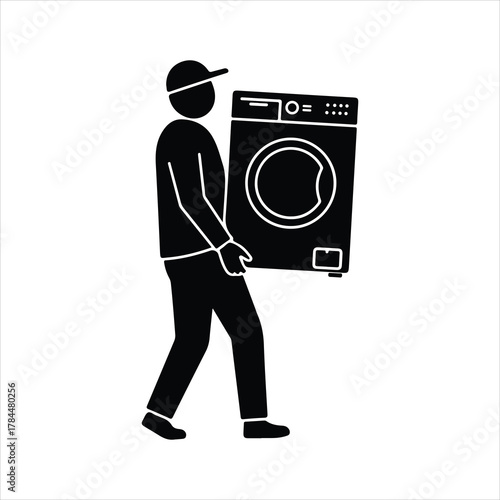 Person in cap carrying washing machine, delivery and installation service