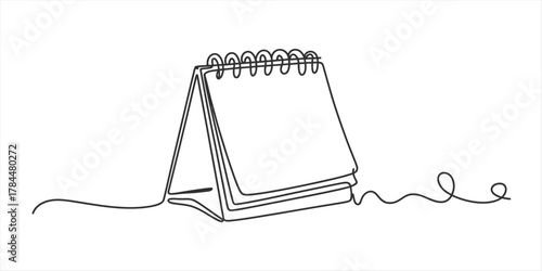 Continuous one line drawing of a desk calendar with spiral binding, isolated on a white background, representing time, planning, and schedule management concepts