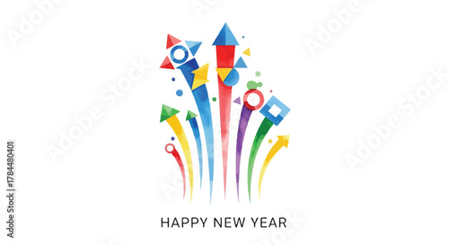 Colorful abstract watercolor rockets and geometric shapes exploding upwards with happy new year text on a white background