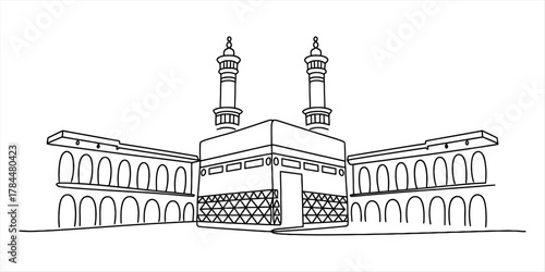 Black and white line art drawing of the sacred kaaba and surrounding mosque in mecca, saudi arabia, a symbol of islam's holiest site.