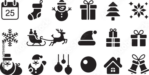 Christmas & Winter Holiday Silhouette Icons Set – Bell, Deer, Tree, Snowman