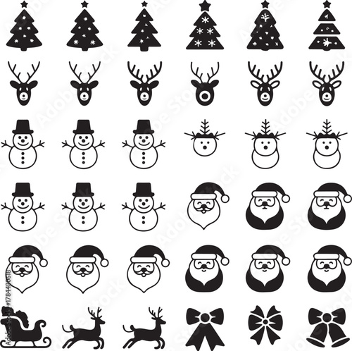 Black Christmas Icon Set, Holiday Vector Elements, Festive Silhouette Design