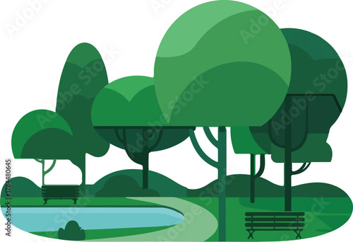 Lush green park landscape vector illustration featuring trees, a pond, benches, and a winding path for outdoor recreation