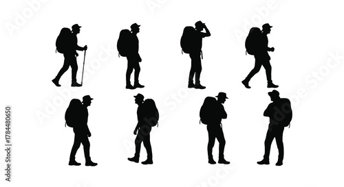 Silhouettes of hikers walking with backpacks a collection of figures