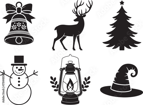 Black Christmas Icon Set, Holiday Vector Elements, Festive Silhouette Design