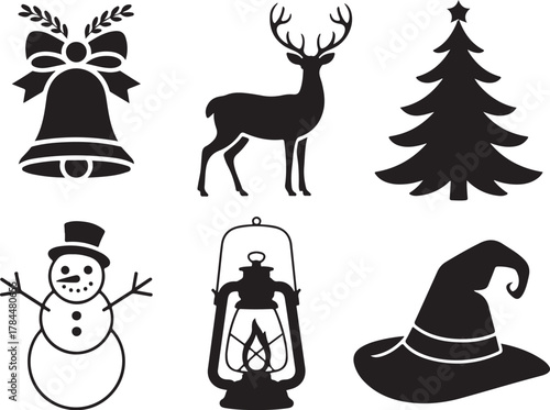 Christmas & Winter Holiday Silhouette Icons Set – Bell, Deer, Tree, Snowman