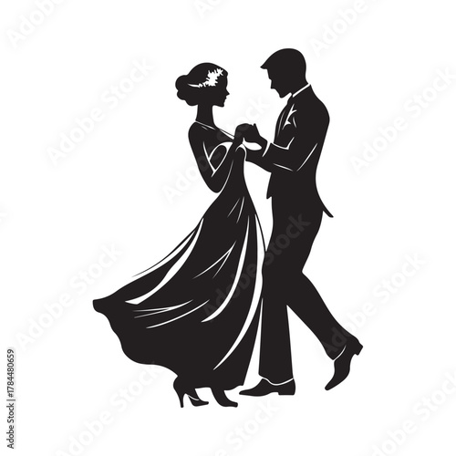 Romantic silhouette of a bride and groom embracing tenderly on their wedding day in a classic elegant pose silhouette
