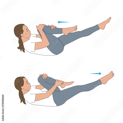 Pilates Single Leg Stretch Exercise. Instructional Diagram of Woman Performing Core and Abdominal Strengthening Workout.