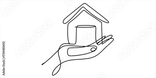 Continuous line drawing of a hand holding a house, symbolizing real estate, property ownership, protection, care, and family. minimalist, clean design.