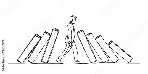 Man walking confidently through falling dominoes, a visual metaphor for resilience, overcoming obstacles, and active problem-solving leadership