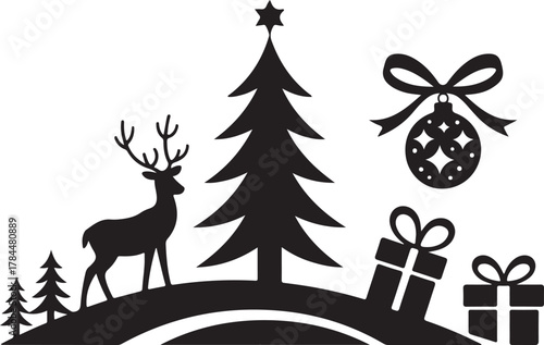 Christmas Silhouette Scene with Deer, Trees, Gifts and Ornament Holiday Design